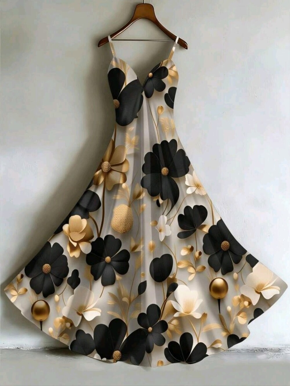 Floral Spaghetti-Strap Maxi Dress in Black & Gold